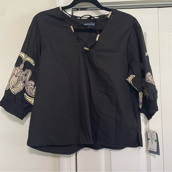 Democracy Black Blouse Beige Floral Bell Sleeves Lace Up Neck Size Large, NWT - Picture 1 of 9
